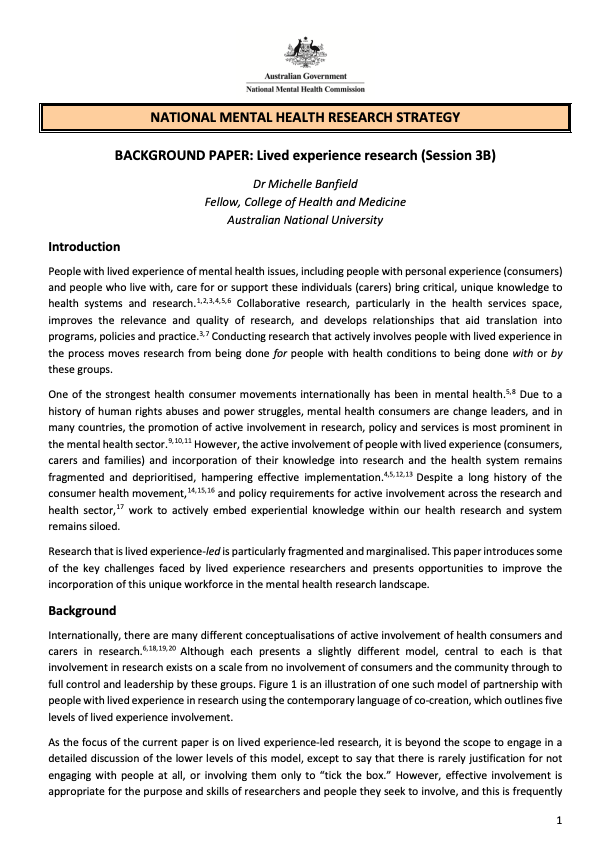 NATIONAL MENTAL HEALTH RESEARCH STRATEGY  BACKGROUND PAPER: Lived experience research (Session 3B)