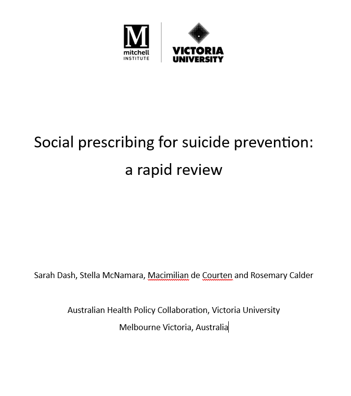 Mitchell Institute and Victoria University Logo and cover page for Social Prescribing for suicide prevention: a rapid review