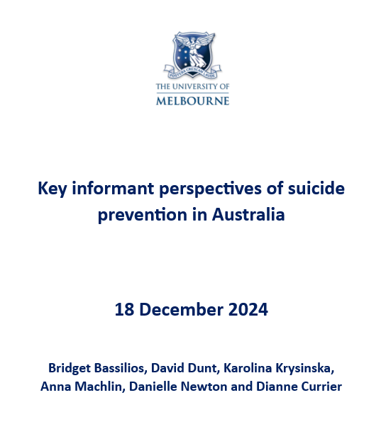 University of Melbourne logo, title Key informant perspectives of suicide prevention in Australia