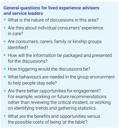 General questions for lived experience advisers and service leaders