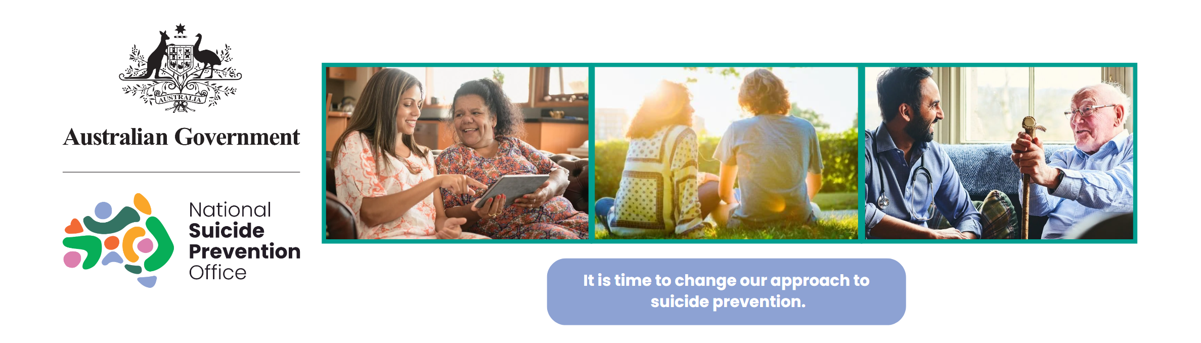 Header images a mixed group of people connecting with each other with caption: It is time to change our approach to suicide prevention.