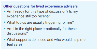 Other questions for lived experience advisers