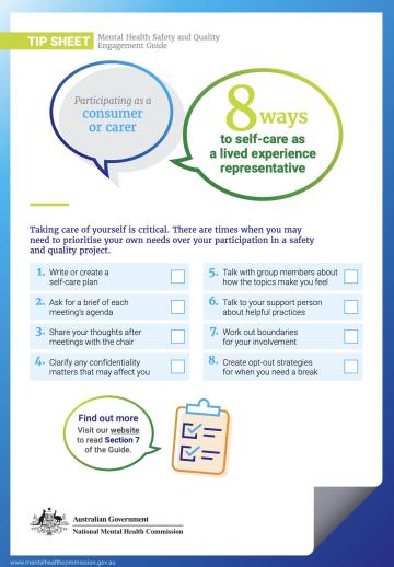 Tip Sheet, Mental Health Safety and Quality Engagement Guide, 8 ways to self-care as a lived experience representative