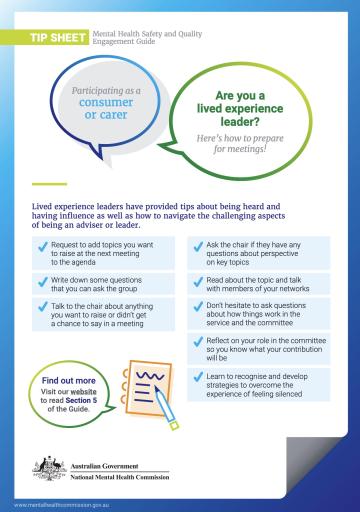 Tip Sheet, Mental Health Safety and Quality Engagement Guide, Are you a lived experience leader? Here's how to prepare for meetings