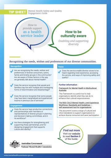 Tip Sheet, Mental Health Safety and Quality Engagement Guide, How to be culturally aware