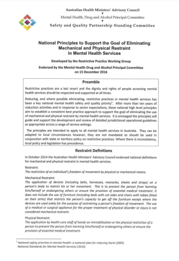 National Principles to Support the Goal of Eliminating Mechanical and Physical Restraint in Mental Health Services