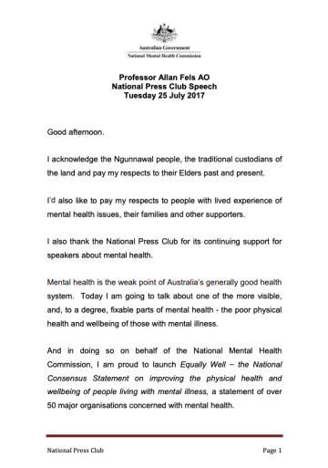 Professor Allan Fels AO National Press Club Speech Tuesday 25 July 2017