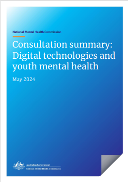 Blue cover of the document called Digital technologies and Youth Mental Health - 2023 Consultation Summary