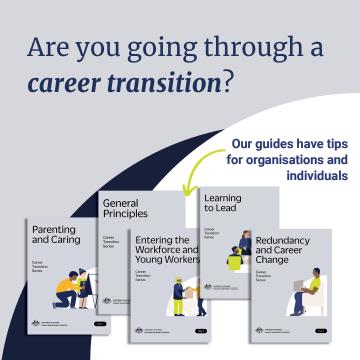 Social media tile with front cover of guides and 'Are you going through a career transition?'