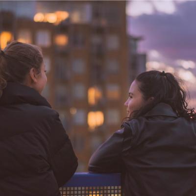 Rear view of two young woman leaning on a fence and talking